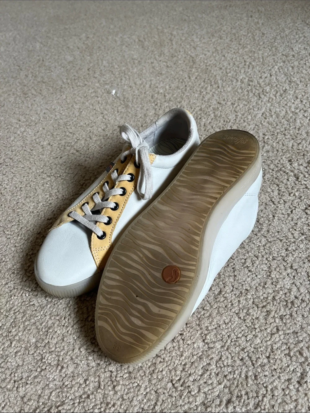 Softino by Fly London White and Yellow Leather Lace-Up Sneakers